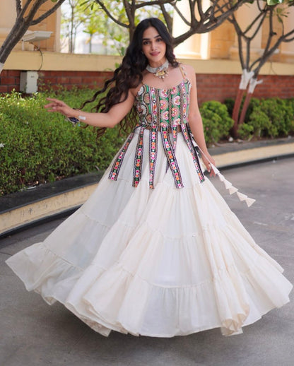 White Pure Kora Cotton Kutchi Patchwork Navratri Lehenga Choli