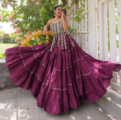 Wine Pure Kora Cotton Kutchi Patchwork Navratri Lehenga Choli