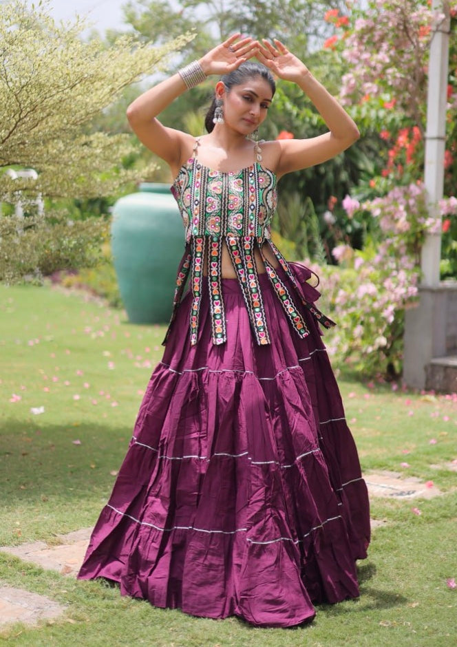 Wine Pure Kora Cotton Kutchi Patchwork Navratri Lehenga Choli