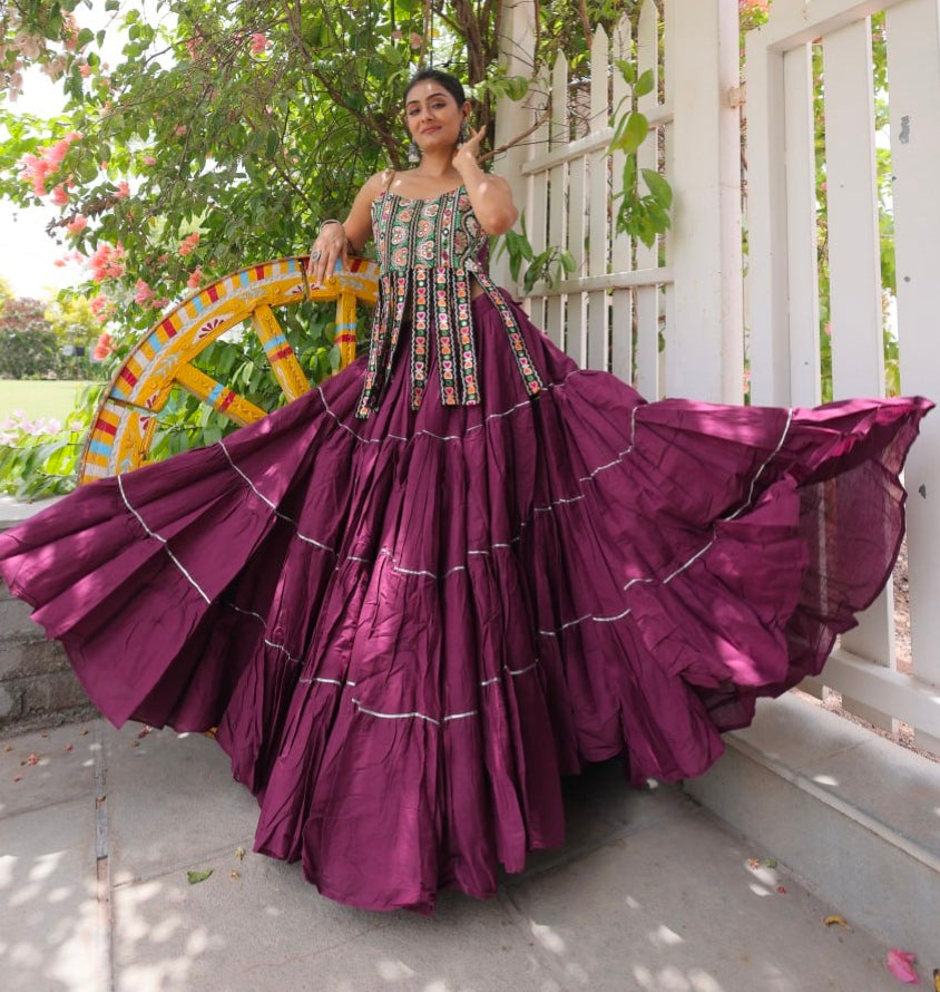 Wine Pure Kora Cotton Kutchi Patchwork Navratri Lehenga Choli