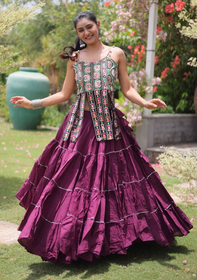 Wine Pure Kora Cotton Kutchi Patchwork Navratri Lehenga Choli