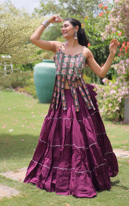 Wine Pure Kora Cotton Kutchi Patchwork Navratri Lehenga Choli