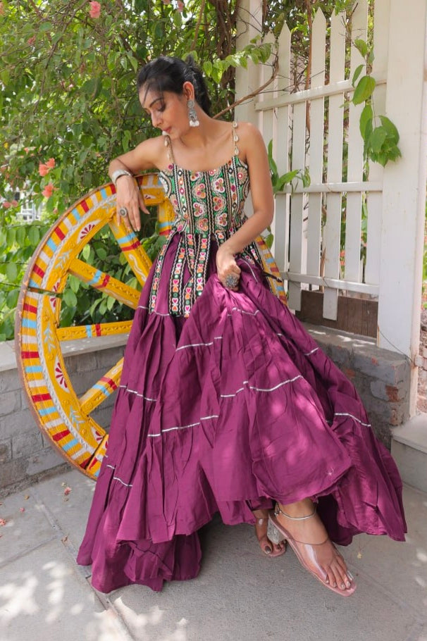 Wine Pure Kora Cotton Kutchi Patchwork Navratri Lehenga Choli