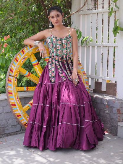 Wine Pure Kora Cotton Kutchi Patchwork Navratri Lehenga Choli