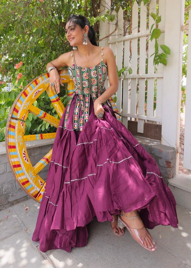 Wine Pure Kora Cotton Kutchi Patchwork Navratri Lehenga Choli