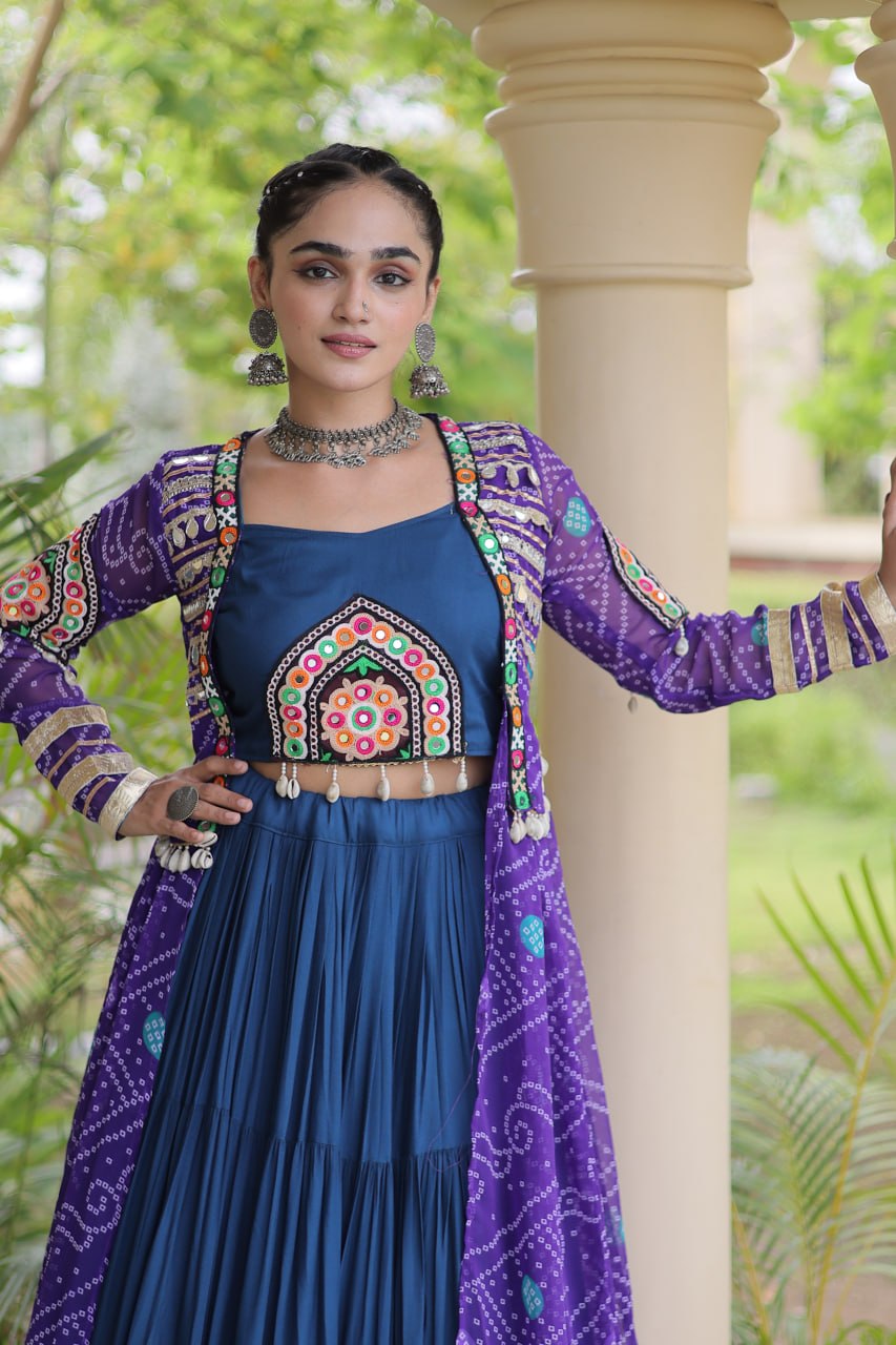 Blue Pure Georgette Bandhani Print Kutchi Patchwork Navratri Lehenga Choli With Koti