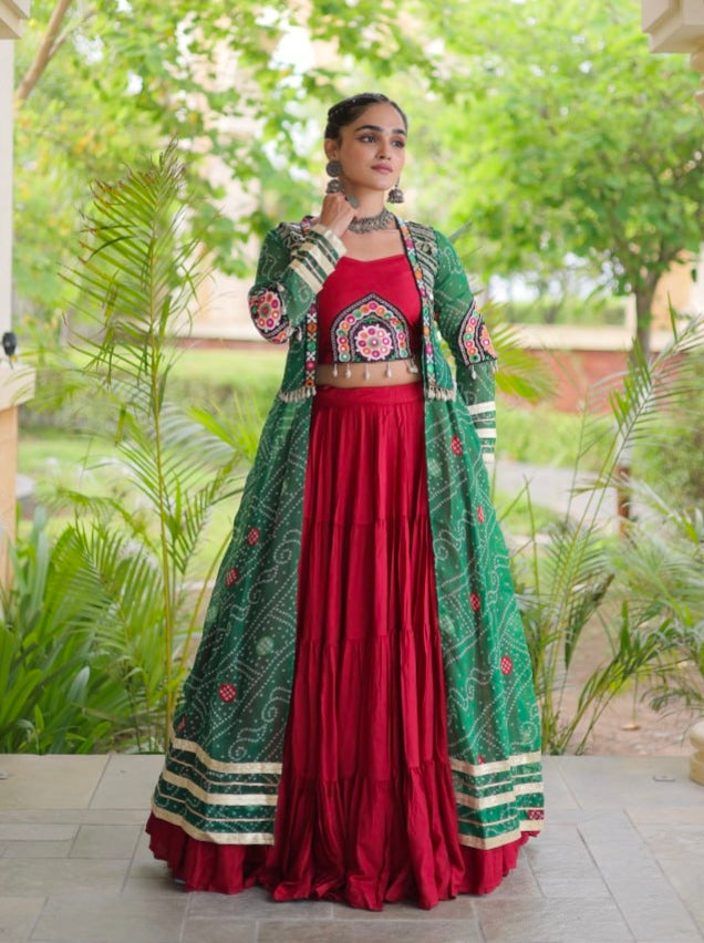 Red Pure Georgette Bandhani Print Kutchi Patchwork Navratri Lehenga Choli With Koti