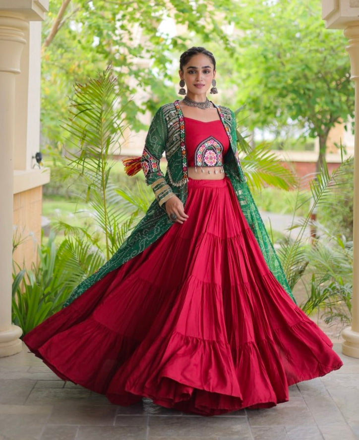 Red Pure Georgette Bandhani Print Kutchi Patchwork Navratri Lehenga Choli With Koti
