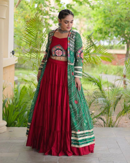 Red Pure Georgette Bandhani Print Kutchi Patchwork Navratri Lehenga Choli With Koti