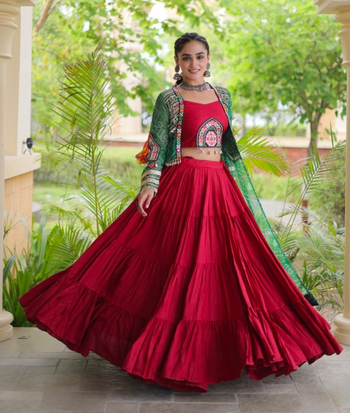 Red Pure Georgette Bandhani Print Kutchi Patchwork Navratri Lehenga Choli With Koti