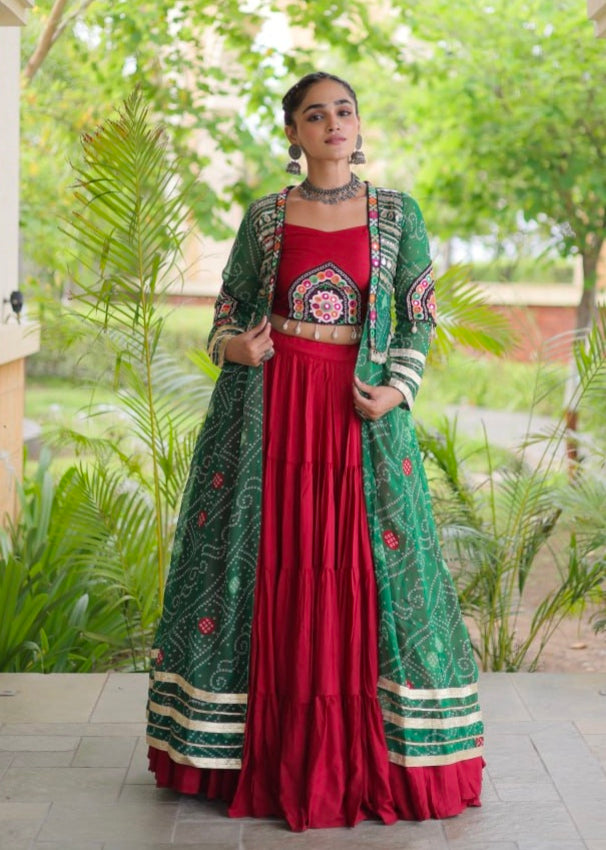 Red Pure Georgette Bandhani Print Kutchi Patchwork Navratri Lehenga Choli With Koti