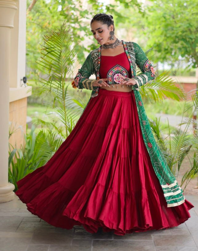 Red Pure Georgette Bandhani Print Kutchi Patchwork Navratri Lehenga Choli With Koti