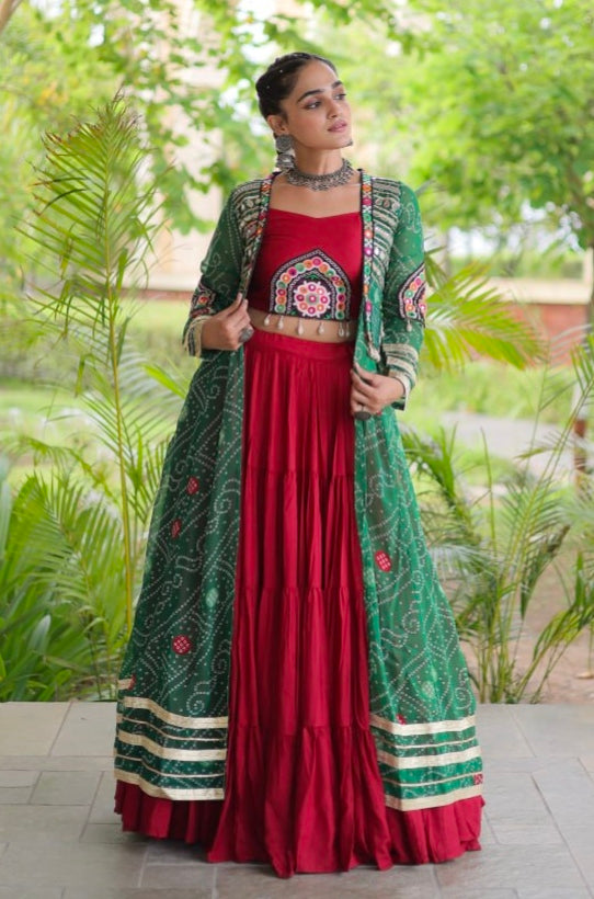 Red Pure Georgette Bandhani Print Kutchi Patchwork Navratri Lehenga Choli With Koti