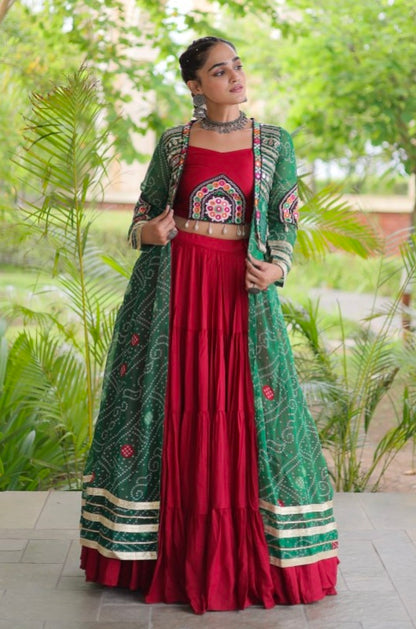 Red Pure Georgette Bandhani Print Kutchi Patchwork Navratri Lehenga Choli With Koti