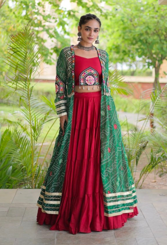 Red Pure Georgette Bandhani Print Kutchi Patchwork Navratri Lehenga Choli With Koti
