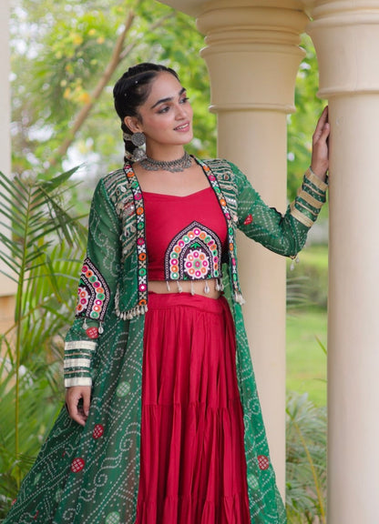 Red Pure Georgette Bandhani Print Kutchi Patchwork Navratri Lehenga Choli With Koti