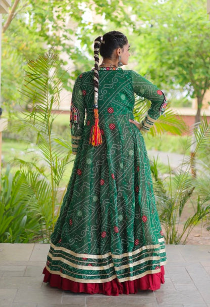 Red Pure Georgette Bandhani Print Kutchi Patchwork Navratri Lehenga Choli With Koti