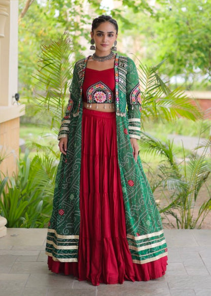 Red Pure Georgette Bandhani Print Kutchi Patchwork Navratri Lehenga Choli With Koti