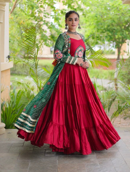 Red Pure Georgette Bandhani Print Kutchi Patchwork Navratri Lehenga Choli With Koti