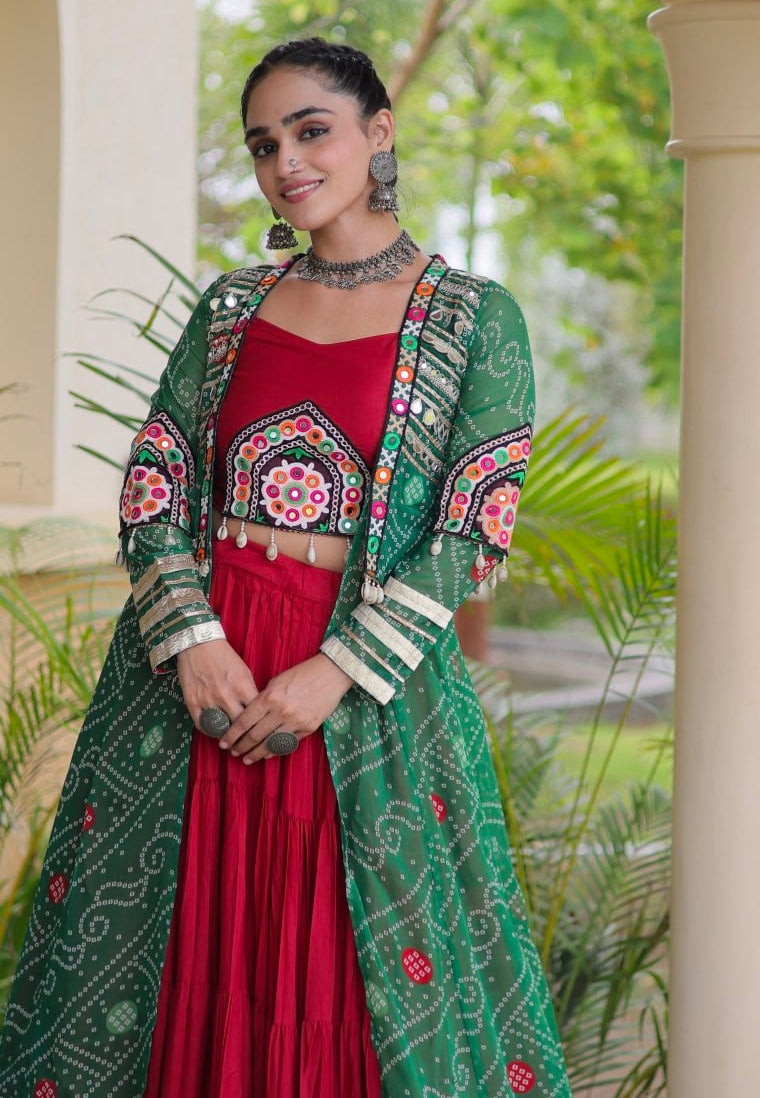 Red Pure Georgette Bandhani Print Kutchi Patchwork Navratri Lehenga Choli With Koti