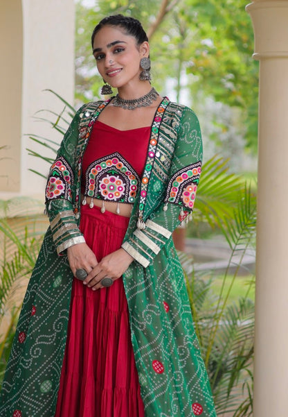 Red Pure Georgette Bandhani Print Kutchi Patchwork Navratri Lehenga Choli With Koti