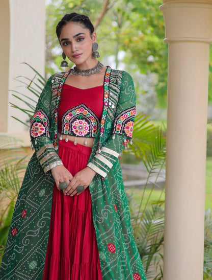 Red Pure Georgette Bandhani Print Kutchi Patchwork Navratri Lehenga Choli With Koti