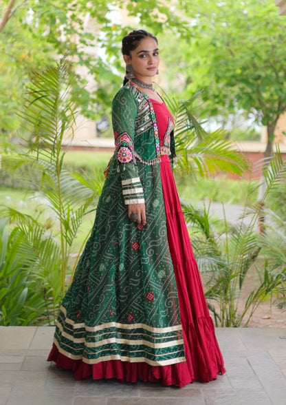 Red Pure Georgette Bandhani Print Kutchi Patchwork Navratri Lehenga Choli With Koti