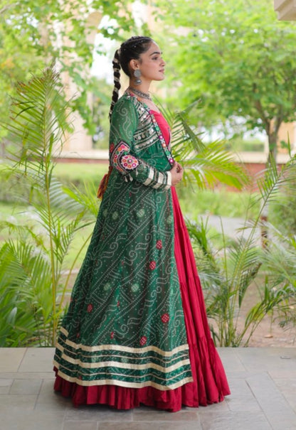 Red Pure Georgette Bandhani Print Kutchi Patchwork Navratri Lehenga Choli With Koti