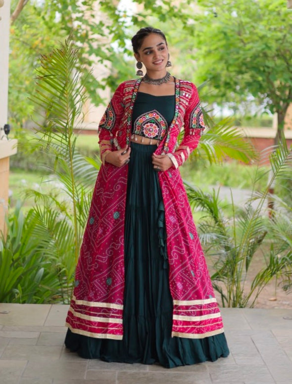 Green Pure Georgette Bandhani Print Kutchi Patchwork Navratri Lehenga Choli With Koti