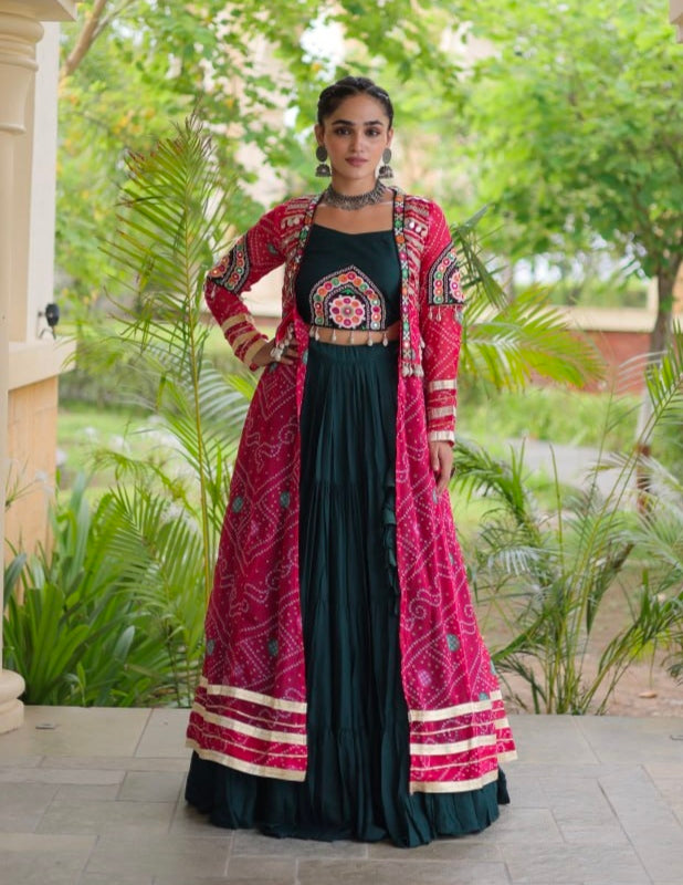 Green Pure Georgette Bandhani Print Kutchi Patchwork Navratri Lehenga Choli With Koti