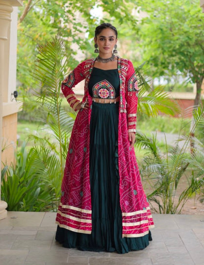 Green Pure Georgette Bandhani Print Kutchi Patchwork Navratri Lehenga Choli With Koti