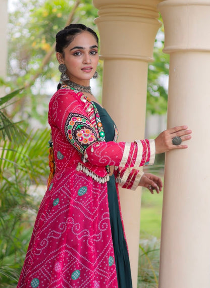 Green Pure Georgette Bandhani Print Kutchi Patchwork Navratri Lehenga Choli With Koti