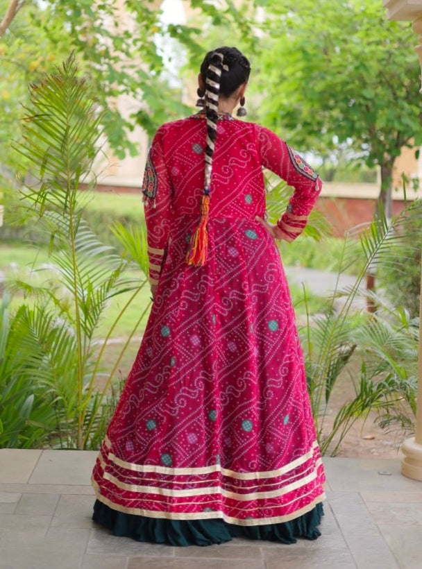 Green Pure Georgette Bandhani Print Kutchi Patchwork Navratri Lehenga Choli With Koti