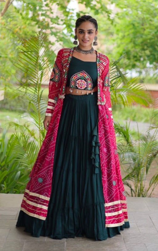 Green Pure Georgette Bandhani Print Kutchi Patchwork Navratri Lehenga Choli With Koti