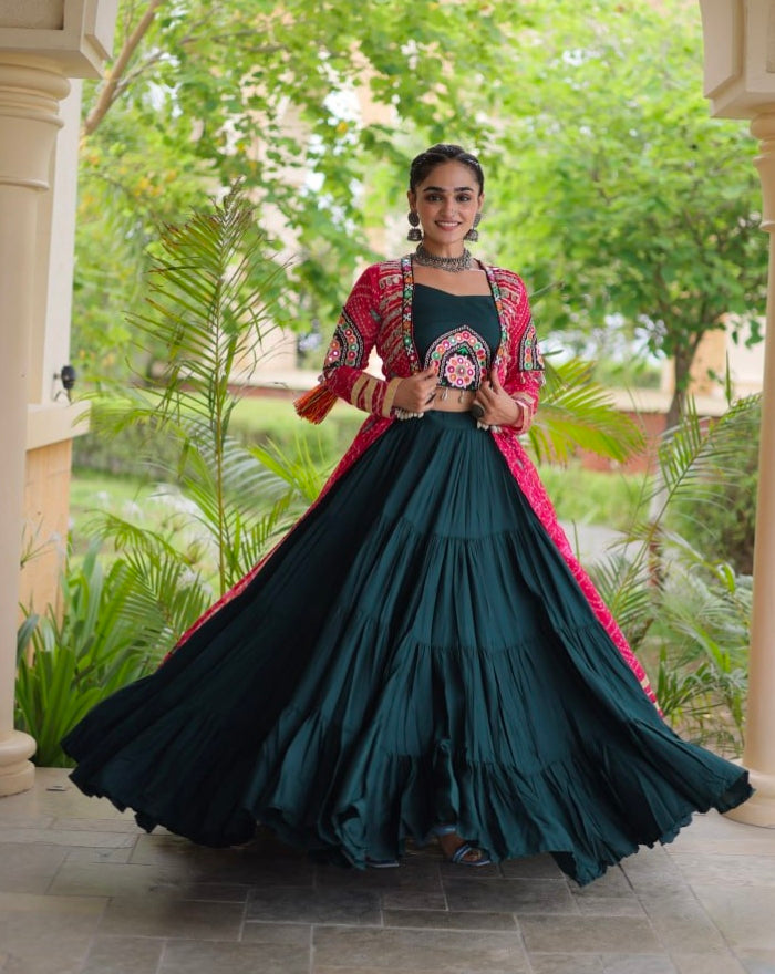 Green Pure Georgette Bandhani Print Kutchi Patchwork Navratri Lehenga Choli With Koti