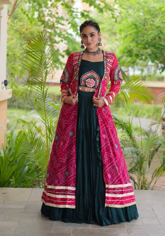 Green Pure Georgette Bandhani Print Kutchi Patchwork Navratri Lehenga Choli With Koti