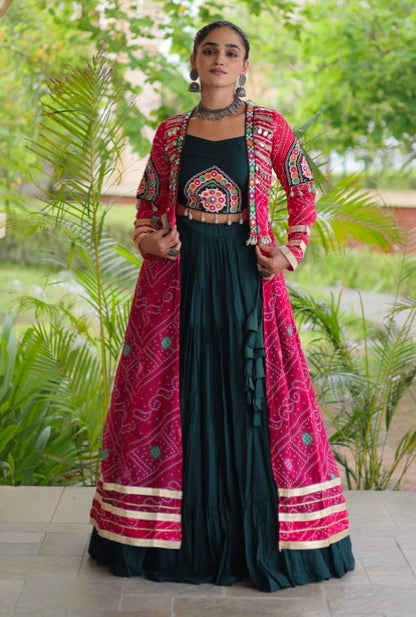Green Pure Georgette Bandhani Print Kutchi Patchwork Navratri Lehenga Choli With Koti