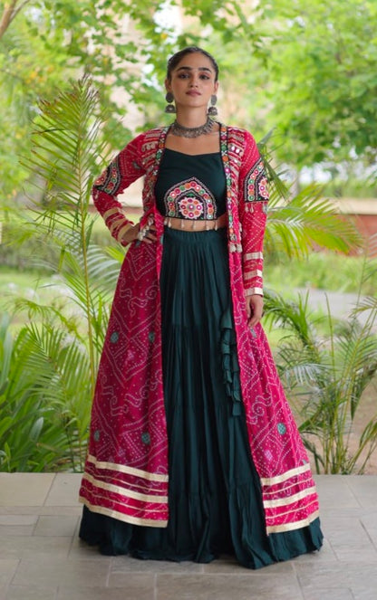 Green Pure Georgette Bandhani Print Kutchi Patchwork Navratri Lehenga Choli With Koti