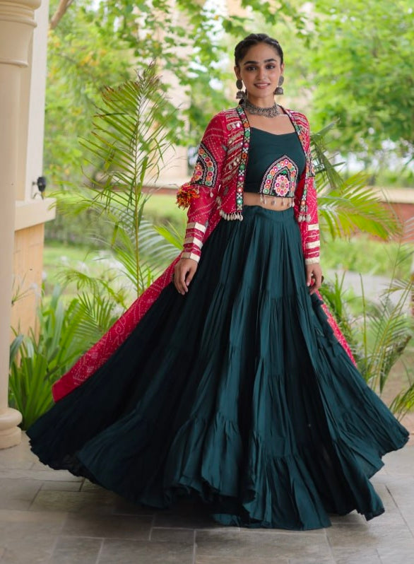 Green Pure Georgette Bandhani Print Kutchi Patchwork Navratri Lehenga Choli With Koti