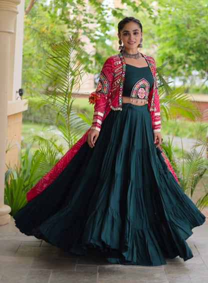 Green Pure Georgette Bandhani Print Kutchi Patchwork Navratri Lehenga Choli With Koti