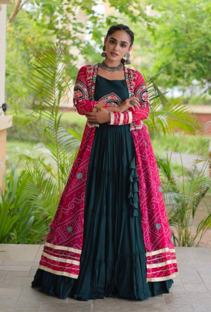Green Pure Georgette Bandhani Print Kutchi Patchwork Navratri Lehenga Choli With Koti