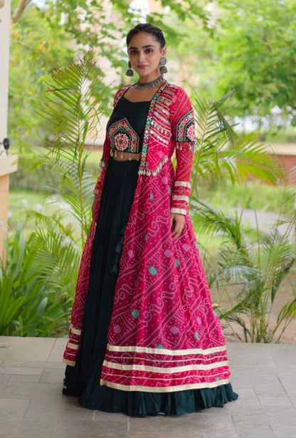 Green Pure Georgette Bandhani Print Kutchi Patchwork Navratri Lehenga Choli With Koti
