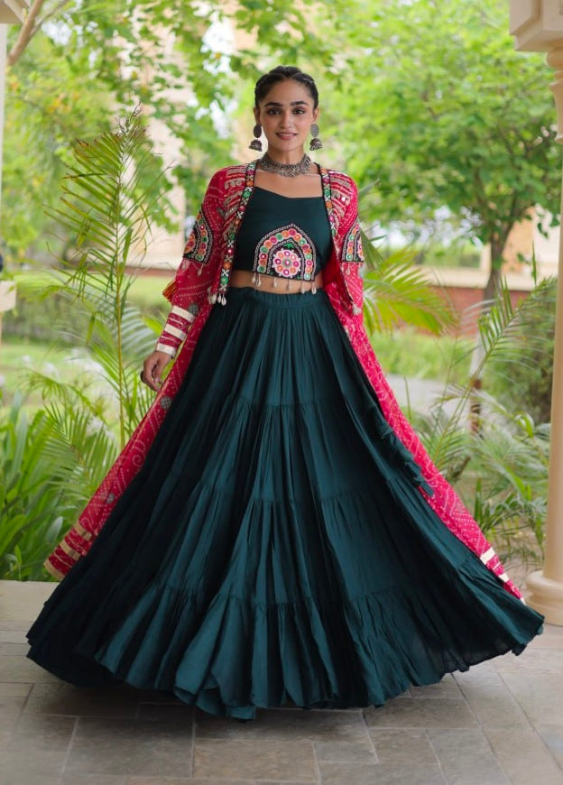 Green Pure Georgette Bandhani Print Kutchi Patchwork Navratri Lehenga Choli With Koti