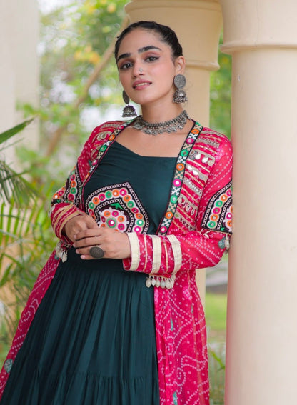 Green Pure Georgette Bandhani Print Kutchi Patchwork Navratri Lehenga Choli With Koti