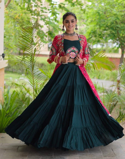 Green Pure Georgette Bandhani Print Kutchi Patchwork Navratri Lehenga Choli With Koti
