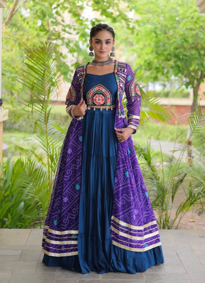 Blue Pure Georgette Bandhani Print Kutchi Patchwork Navratri Lehenga Choli With Koti