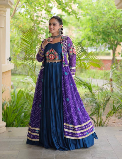 Blue Pure Georgette Bandhani Print Kutchi Patchwork Navratri Lehenga Choli With Koti