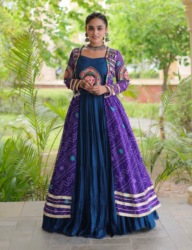 Blue Pure Georgette Bandhani Print Kutchi Patchwork Navratri Lehenga Choli With Koti