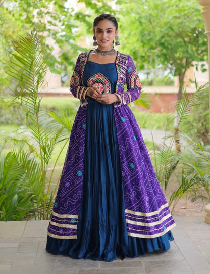 Blue Pure Georgette Bandhani Print Kutchi Patchwork Navratri Lehenga Choli With Koti