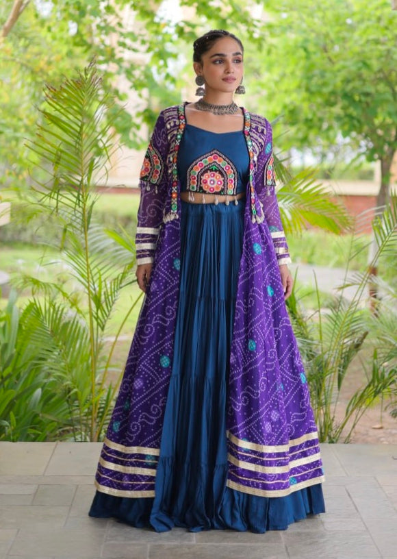 Blue Pure Georgette Bandhani Print Kutchi Patchwork Navratri Lehenga Choli With Koti